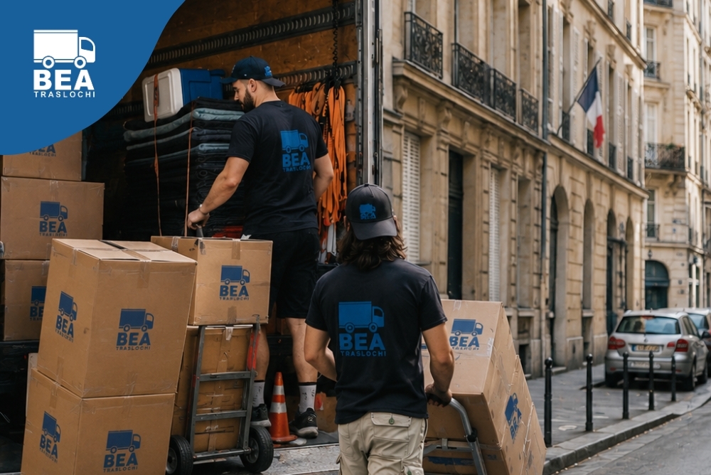 Due traslocatori professionisti di Bea Traslochi, con divise e cappellini neri brandizzati, caricano scatoloni con logo aziendale su un camion durante un trasloco in una via cittadina.