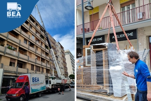 Trasloco effettuato con gru a Pescara Esempio di un trasloco effettuato con gru per movimentare carichi in piani alti